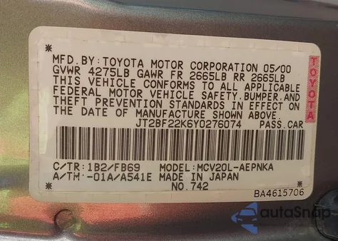 2000 Toyota Camry Le V6 из США, поврежденный, VIN JT2BF22K6Y0276074